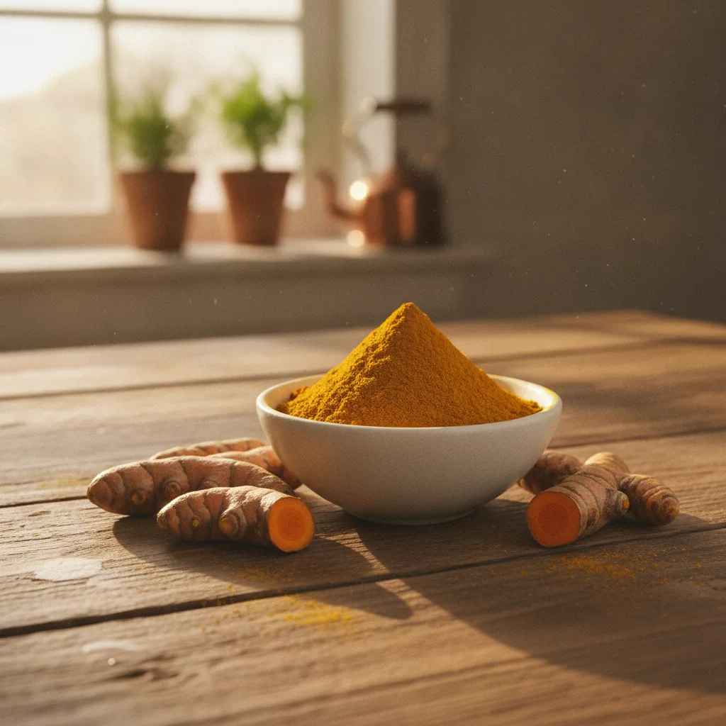Golden turmeric powder in a ceramic bowl