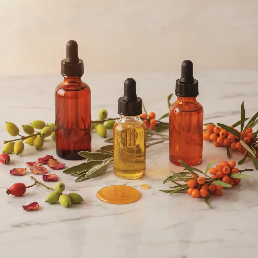 Botanical oils in amber glass bottles