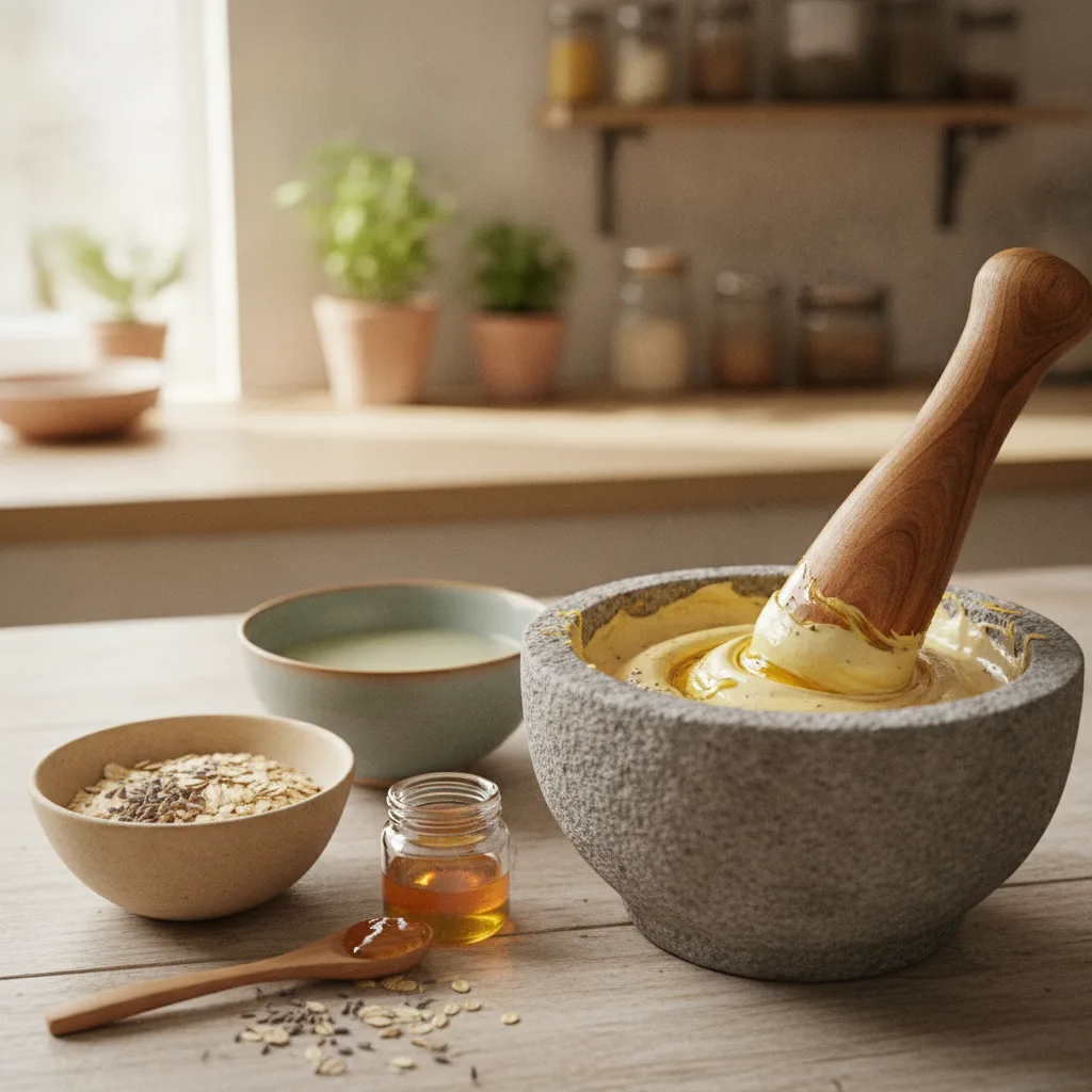 DIY face mask mix in a stone mortar